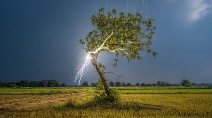 predictability. A solitary tree struck by lightning during a storm with dramatic sky. ESG reports, sustainability campaigns, designed for sustainability communications and ESG reporting.
