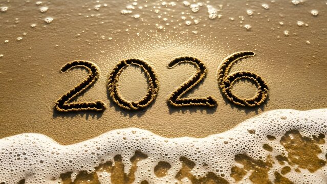Optimistic future arrival The year 2026 etched in warm sand as foamy waves roll in