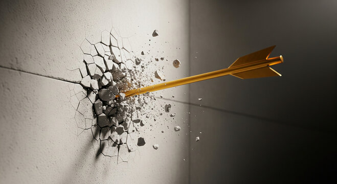 Golden arrow breaks through concrete wall, symbolizing achievement and success - Powered by Adobe