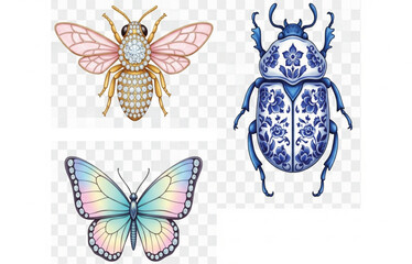 Decorative Bee, Beetle, and Butterfly &ndash; Stylized Insect Trio Vector Illustration