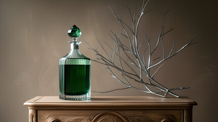 A refined glass decanter filled with dark green liquid, its translucent body reflecting subtle light, stands proudly on a rustic wooden dresser with a smooth, honey-brown finish