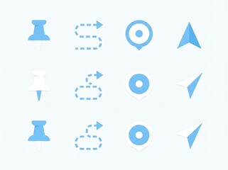 Collection of Navigation and Location Icons Featuring Pushpins, Paths, and Arrows on a Light Blue Background
