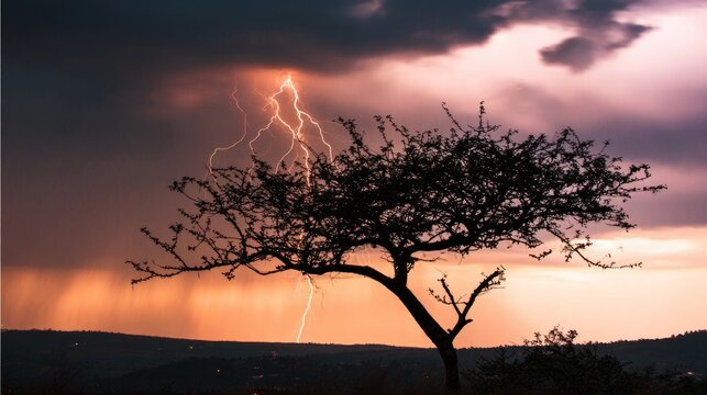 predictability. A solitary tree struck by lightning during a storm with dramatic sky. ESG reports, sustainability campaigns, designed for sustainability communications and ESG reporting.
