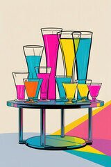 Pop art style illustration of a vibrant table setting featuring an assortment of glasses in different shapes and sizes, each filled with a distinct colorful liquid, such as bright red, electric blue