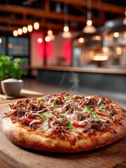 Freshly baked pizza with toppings on a wooden table in a restaurant setting