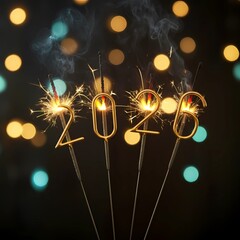 New Year 2026 Glowing sparklers form the year 2026 against a warm festive bokeh background