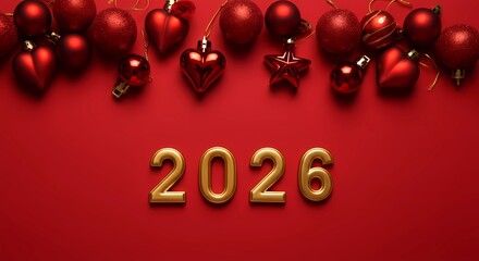 Happy New Year Celebration Golden 2026 numbers sit below a row of bright red Christmas ornaments