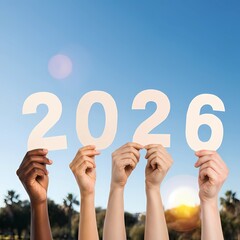 New Year Celebration With Hands Holding 2026 Numbers Diverse group of hands holds 2026 number