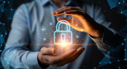 Hands protecting glowing digital padlock symbolizing data security and privacy.