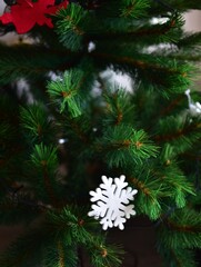 White snowflake ornament hanging on green pine branches. Minimal winter detail with natural holiday charm, ideal for peaceful Christmas themes, seasonal designs and holiday backgrounds.