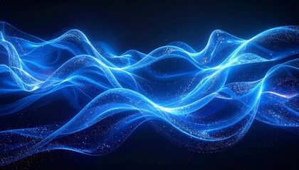 Blue luminescent waves undulate in a dark space, emitting tiny sparkling particles