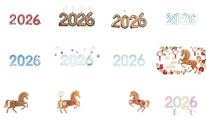 png set of icons featuring the year 2026 in various styles, including horses and festive designs.