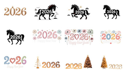 png set of icons with year 2026 and horse motifs, diverse designs, celebrating a new year.