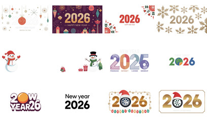 png set of icons in theme of new year 2026 celebration with snowflakes, decorations, and festive imagery.