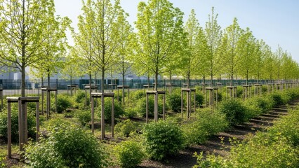 Lush green tree nursery with young saplings on a sunny day
