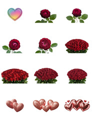 png set of icons in theme of red roses, hearts, and floral arrangements, symbolizing love and affection.