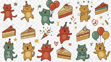 Cute cartoon cats celebrating with cake and balloons.