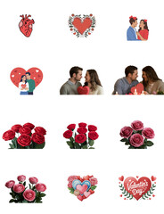 png set of icons in theme of love, hearts, roses, and couples sharing romantic moments, celebrating Valentine's Day.