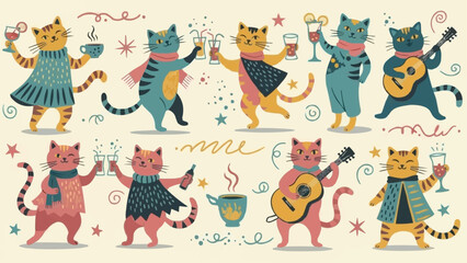 Festive cats celebrating with drinks and musical instruments in a joyful gathering.