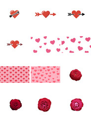 png set of icons in theme of red hearts, arrows, roses, and patterns, symbolizing love and romance.