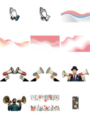 png set of icons in theme of hands praying, flag, megaphone, and floral elements, conveying communication and hope.