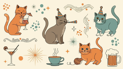 Cute Cats Celebrating With Party Hats And Drinks.