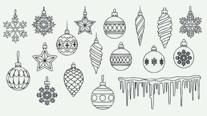 A diverse collection of hand drawn Christmas tree ornaments and decorations.