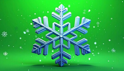 Blue 3D snowflake centered on a green background, with small white snowflakes falling