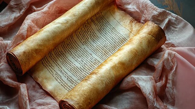 A close-up studio shot of an ancient scroll with illegible text, elegantly displayed on a delicate pink fabric.