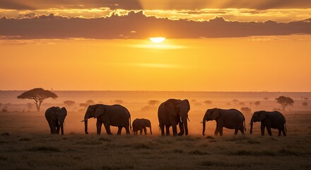 Fototapeta premium Silhouetted elephants and calf graze across a golden savanna during a breathtaking sunrise