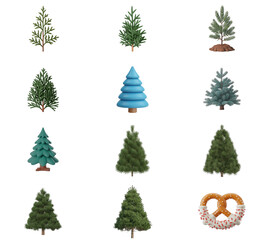 png set of icons depicting various evergreen trees and a pretzel against a light blue background.