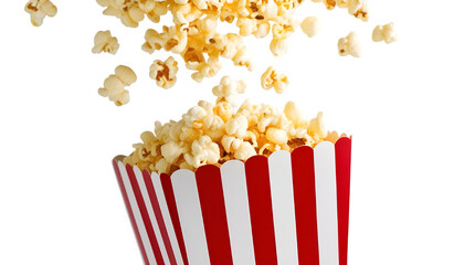 Transparent background  and Popcorn flying out of red white striped paper box