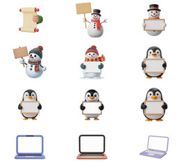 png set of icons in theme of snowmen, penguins, and blank signs, conveying a festive winter holiday mood.