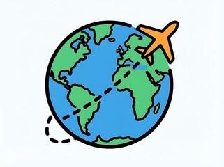Vibrant illustration of an airplane embarking on a journey around the Earth, symbolizing global travel, international connections, and the spirit of exploration and adventure