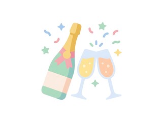 Joyful illustration of a sparkling champagne bottle and clinking glasses with colorful confetti, perfect for celebrating happy moments, anniversaries, or festive gatherings
