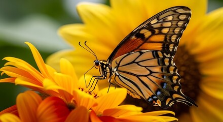 Detailed macro shot of a monarch butterfly resting on a vibrant yellow flower in soft sunlight