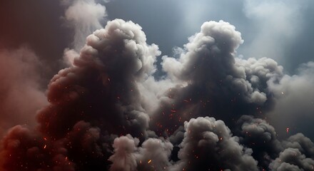 Dramatic dark smoke plumes with glowing embers rise into a stormy sky