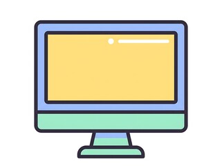 Minimalist flat design illustration of a desktop computer monitor with a blank yellow screen, representing technology, display, or digital work in a clean, modern icon style