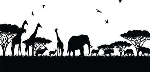 African safari silhouette featuring giraffes elephants and birds against a bright sky © rijvi