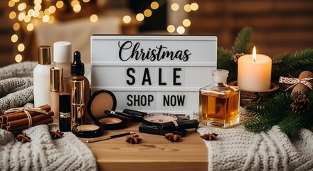 Festive Christmas Sale Announcement with Luxury Cosmetics and Warm Ambiance