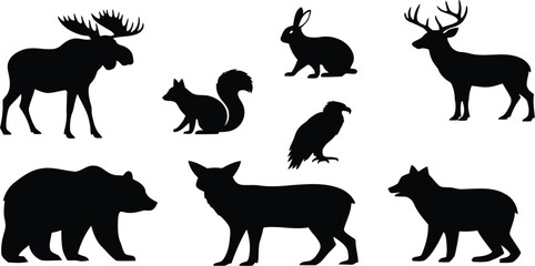 North american wildlife silhouettes including moose bear deer fox raven and squirrel