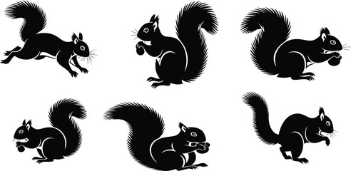 Black and white repeating pattern of squirrels in various poses and positions