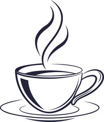 Monochrome illustration of a steaming hot coffee cup on a saucer in a simple modern style
