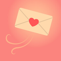 Flying love letter illustration. Single envelope form. Swirl trail detail. Soft glow circle backdrop. Minimal romantic mail scene.