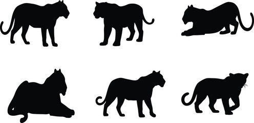 Silhouette collection of various majestic big cats and equine animals in a grid pattern