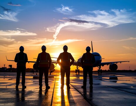 Silhouetted airport workers and jet against a vibrant sunset