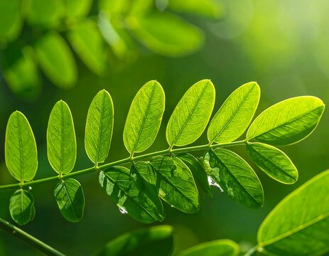 Bright green pinnately compound leaf is beautifully backlit, veins visible, against a soft, blurred green bokeh background