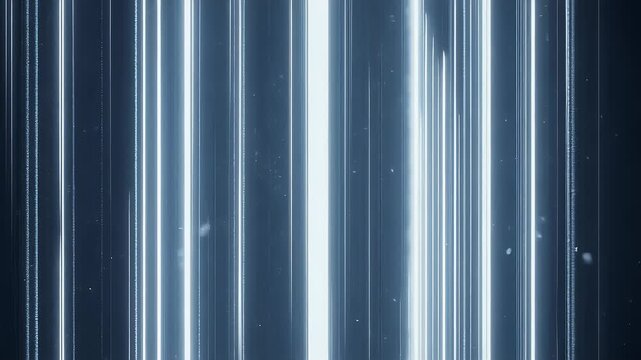 Vertical lines of varying widths radiate across a dark blue-grey background, interspersed with luminous streaks, creating an abstract, dynamic composition