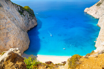 Navagio beach bay and shipwreck on Zakynthos island in Greece. Beautiful blue turquoise water.
