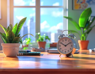 Wake up with focus and clarity in a bright, sunny home office, ready to embrace a productive day with plants, notebook, and a classic alarm clock